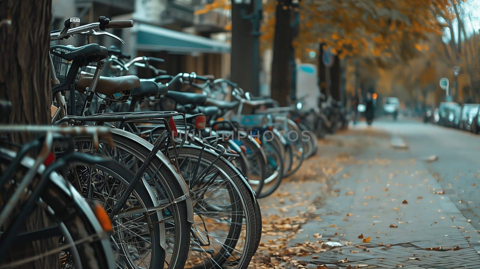 A lineup of parked bikes, neatly arranged and awaiting their riders.