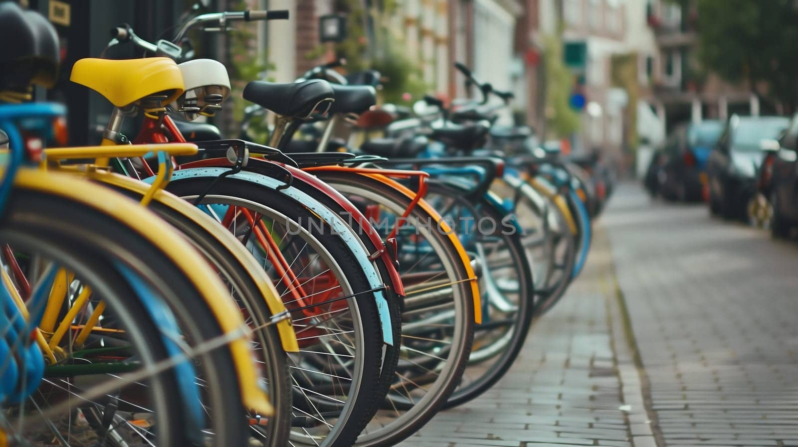 A line of bicycles neatly parked.