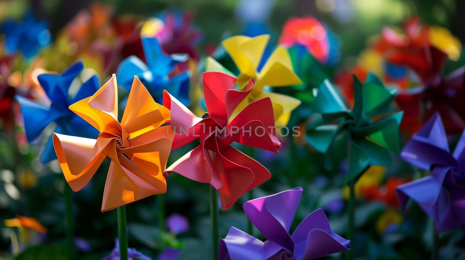 A vibrant array of pinwheels, each spinning in the breeze, showcasing a rainbow of colors.