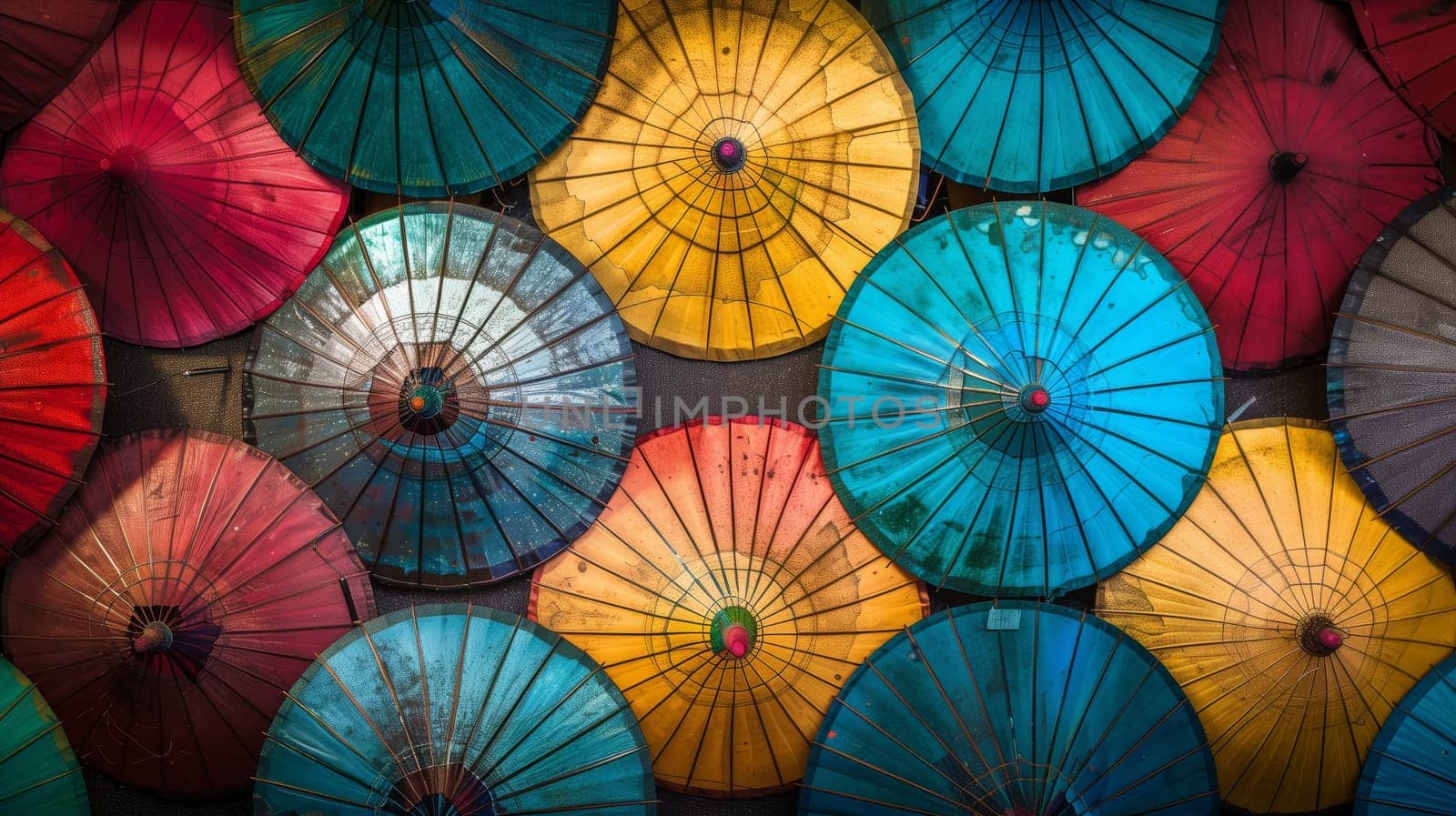 A collection of vibrant umbrellas, each displaying a burst of colors brightening up the scenery.