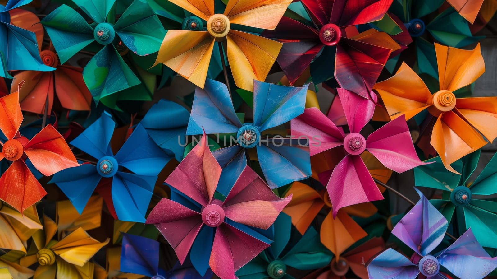 A vibrant assembly of colorful pinwheels spinning in the breeze, adding charm and whimsy to any space.