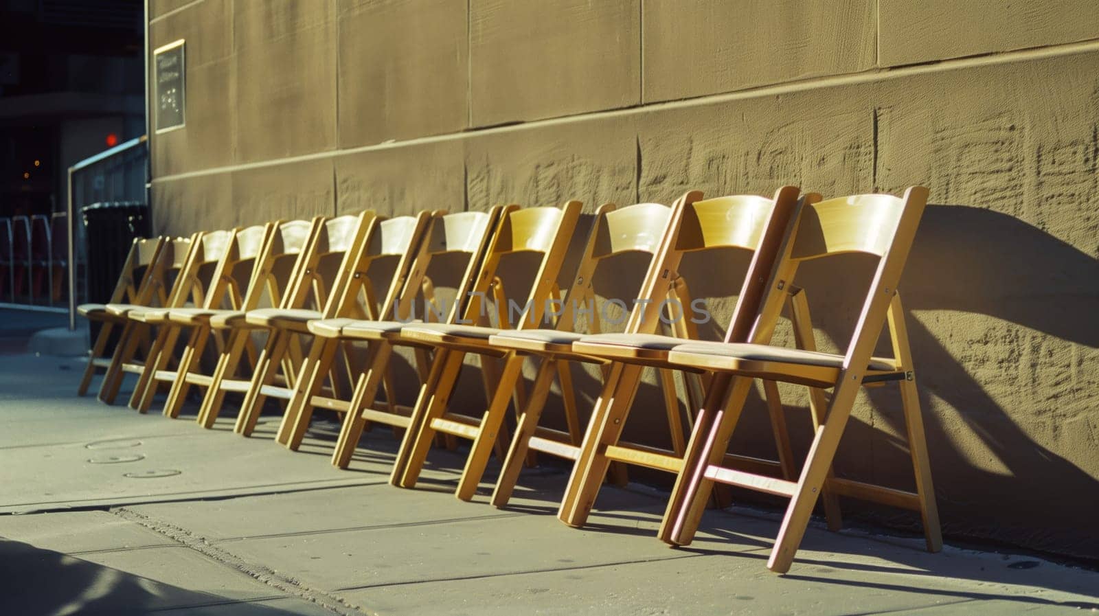 A line of neatly folded chairs.