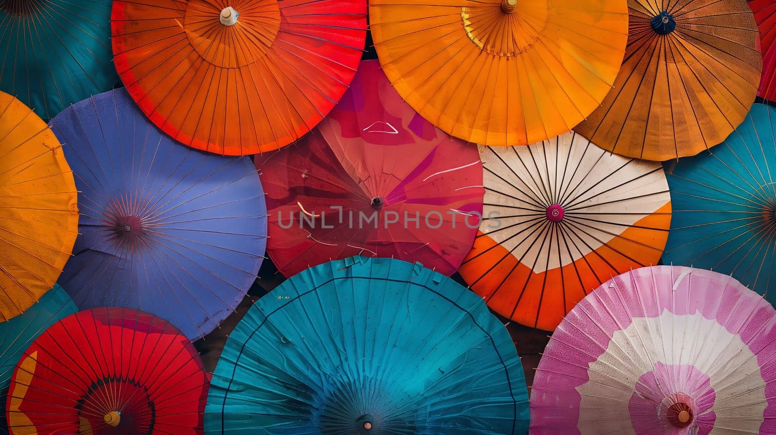 A vibrant array of umbrellas dances in the breeze, casting kaleidoscopic shadows beneath.