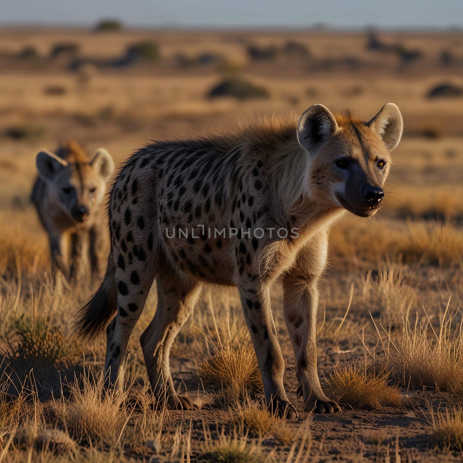 Spotted hyenas in the African savannah