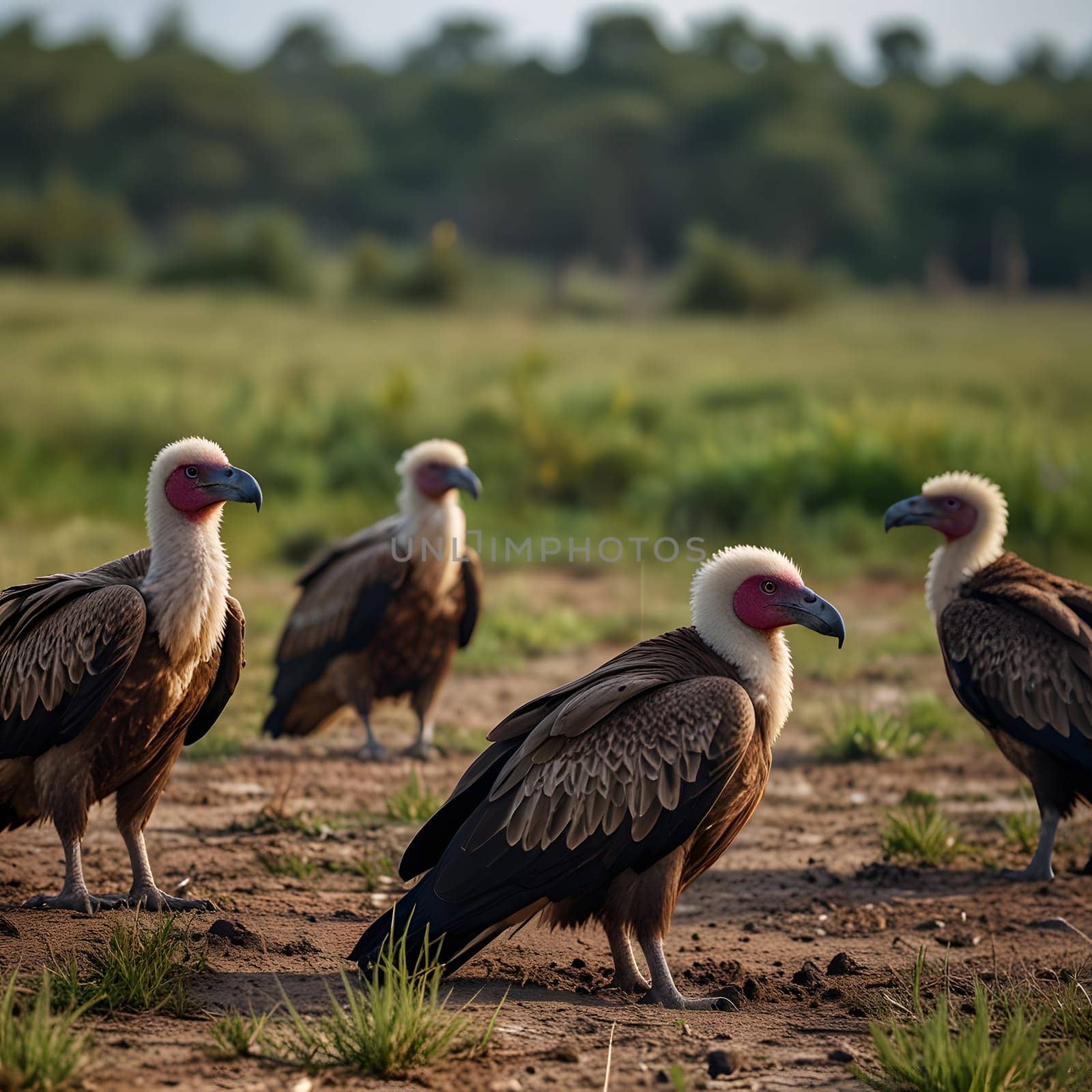 A group of vultures sits on the ground and looks for prey
