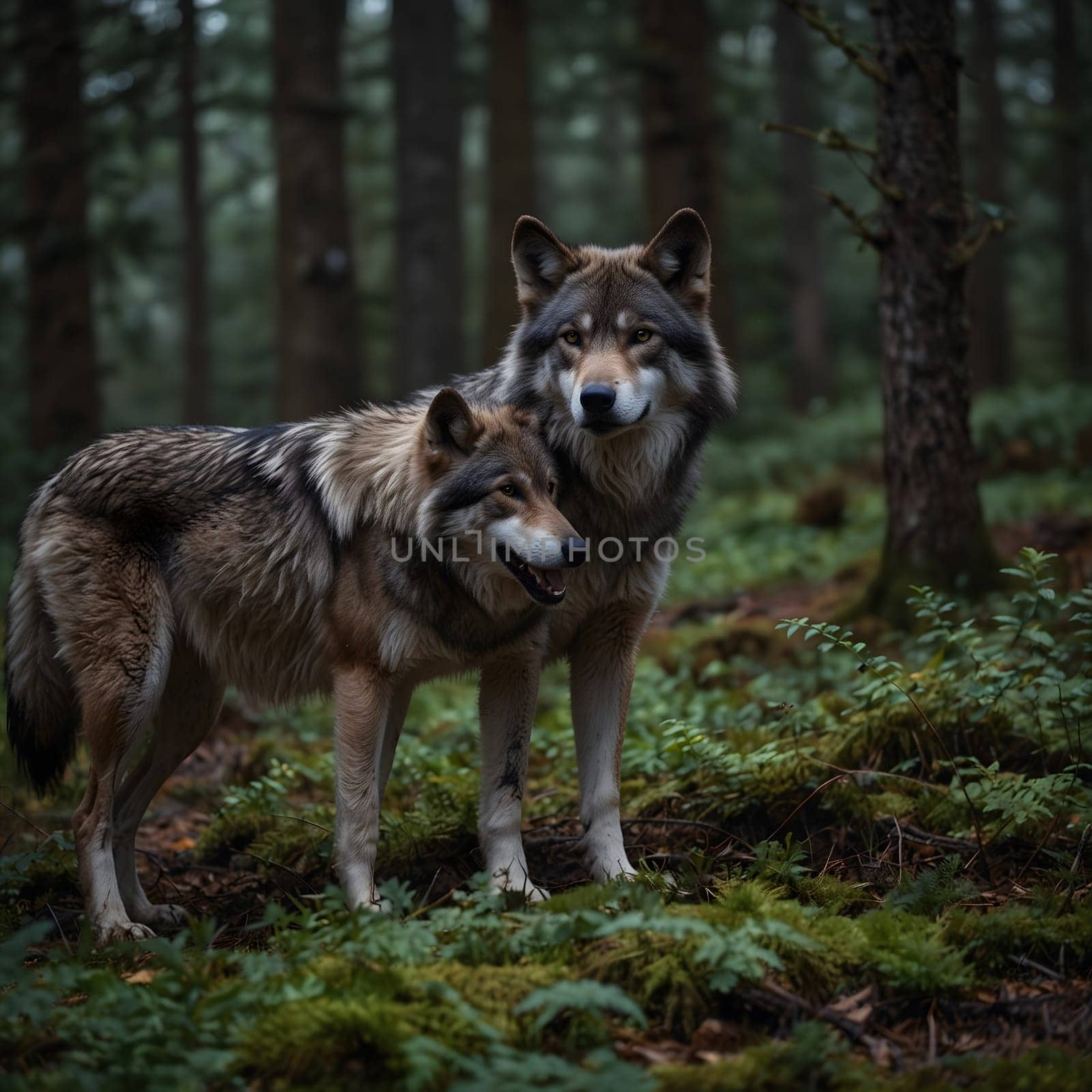 Wolves stand in the dense forest and look out
