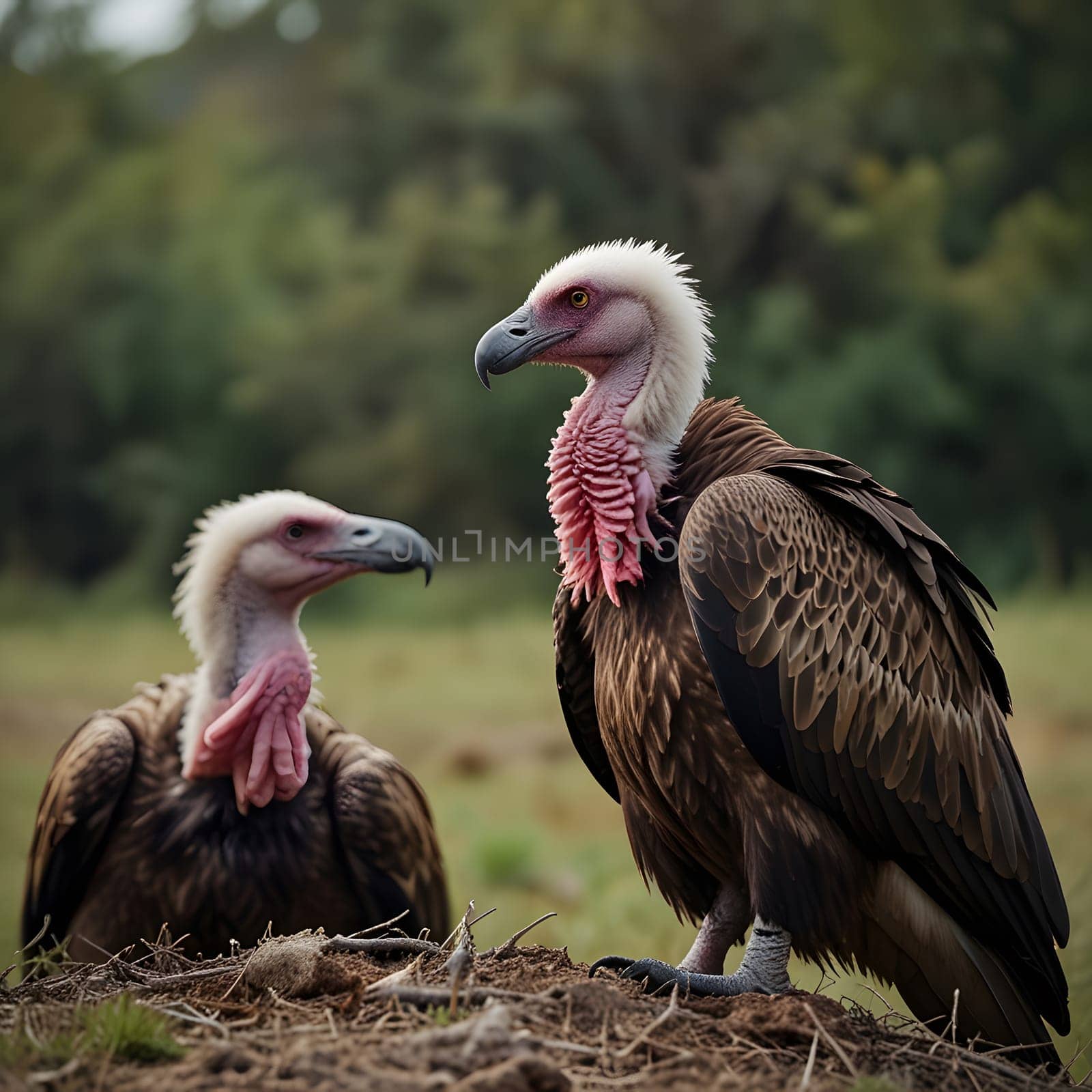 A group of vultures sits on the ground and looks for prey
