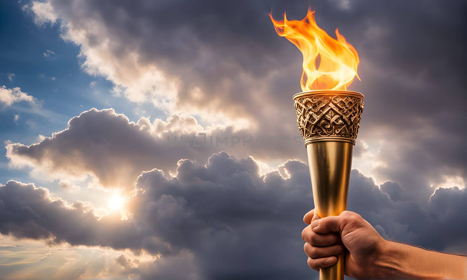 A hand raises a flaming torch against a backdrop of a cloudy evening sky, representing hope and resilience in sports and life.