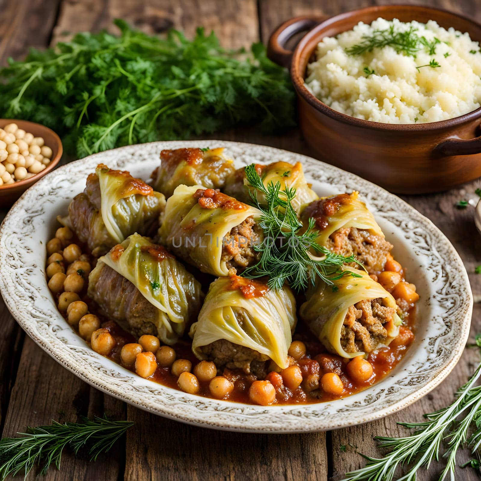 Realistic sarmale dish with several sides. High quality photo