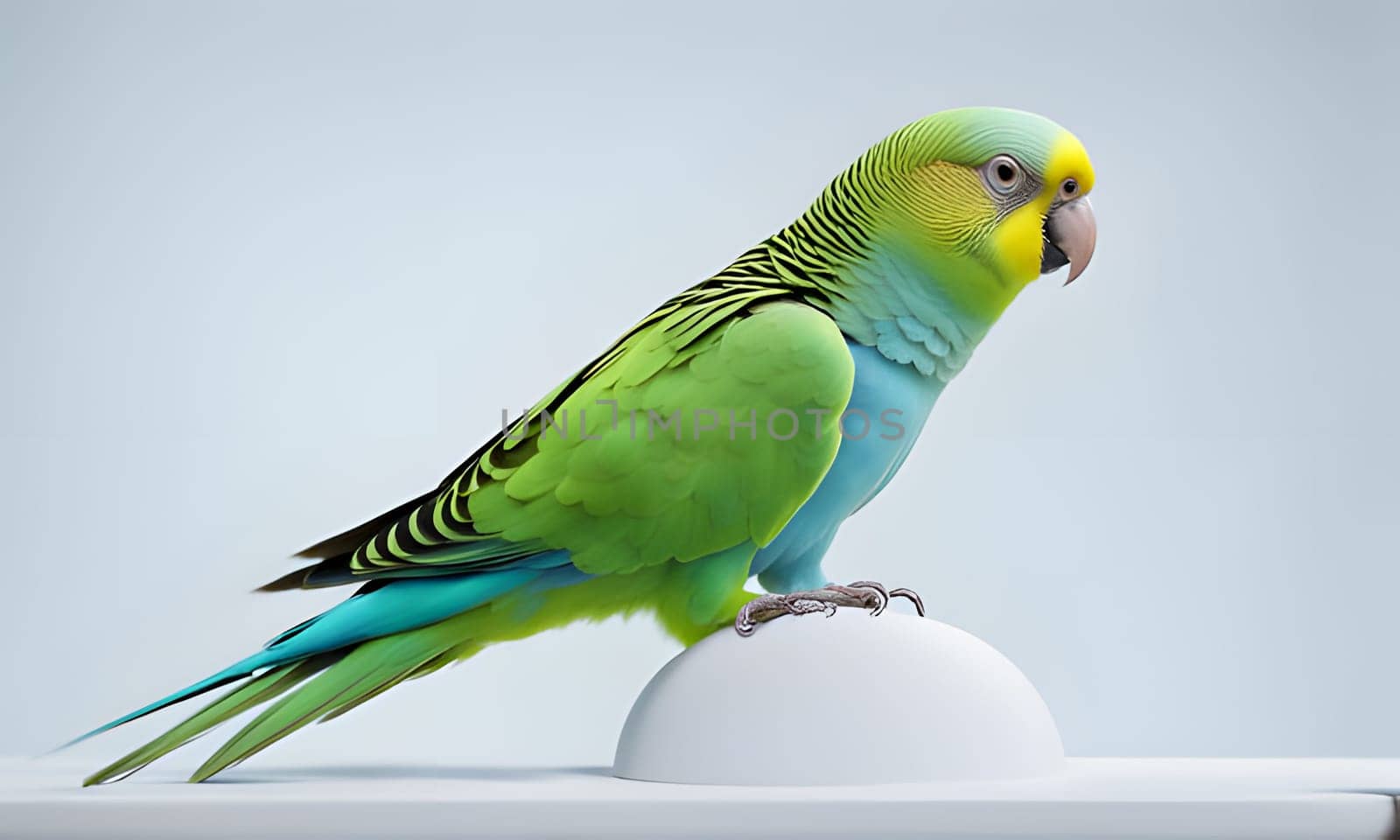 A budgerigar with green and blue feathers is perched on a white platform. It is positioned on the right side of the image, facing the left. The bird has a yellow head, and its beak is pointing down. The background is a soft, light blue.