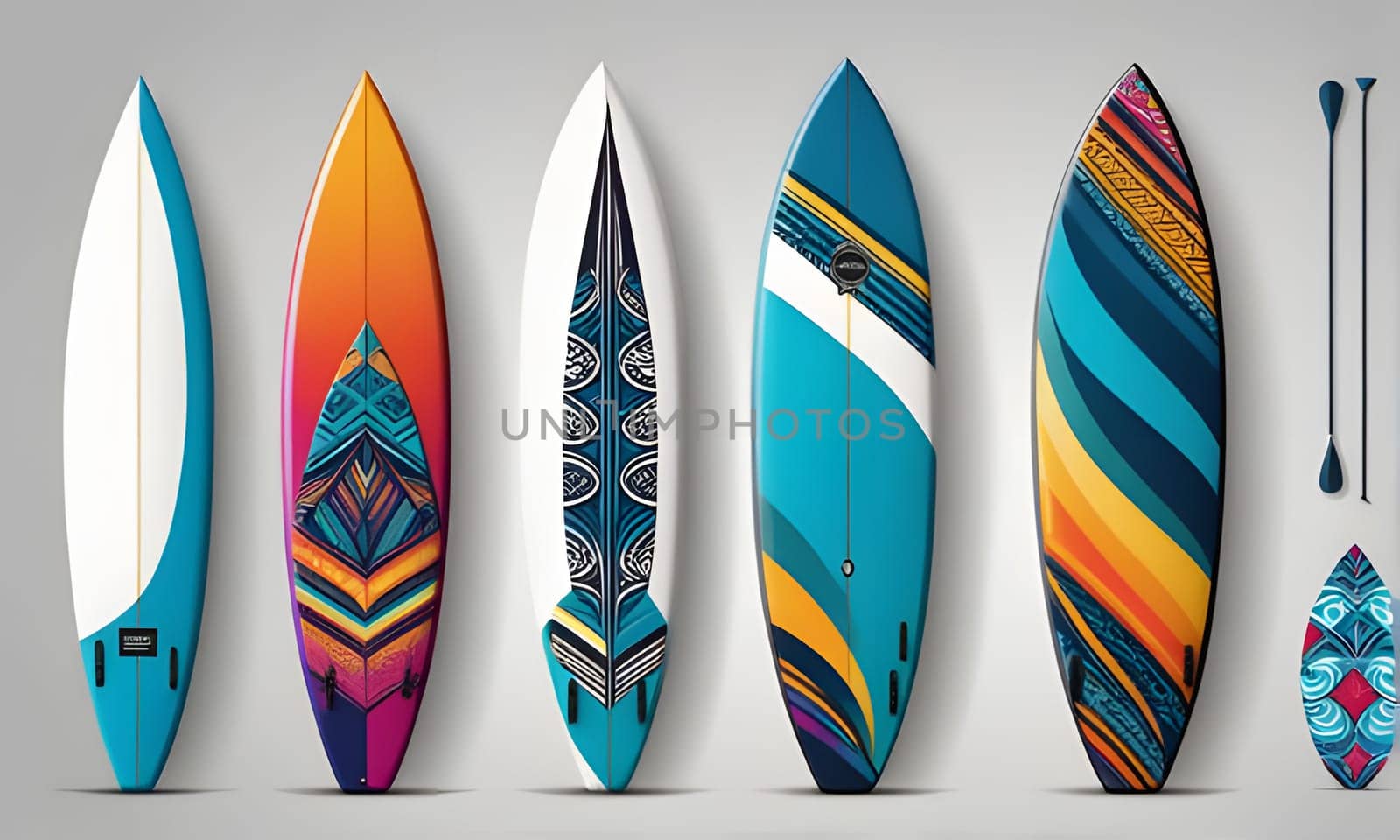 Six surfboards are displayed against a grey background. The surfboards are all different colors and feature unique geometric designs, each with a distinct pattern and color scheme. Two paddleboards are shown leaning against the wall to the right of the surfboards.