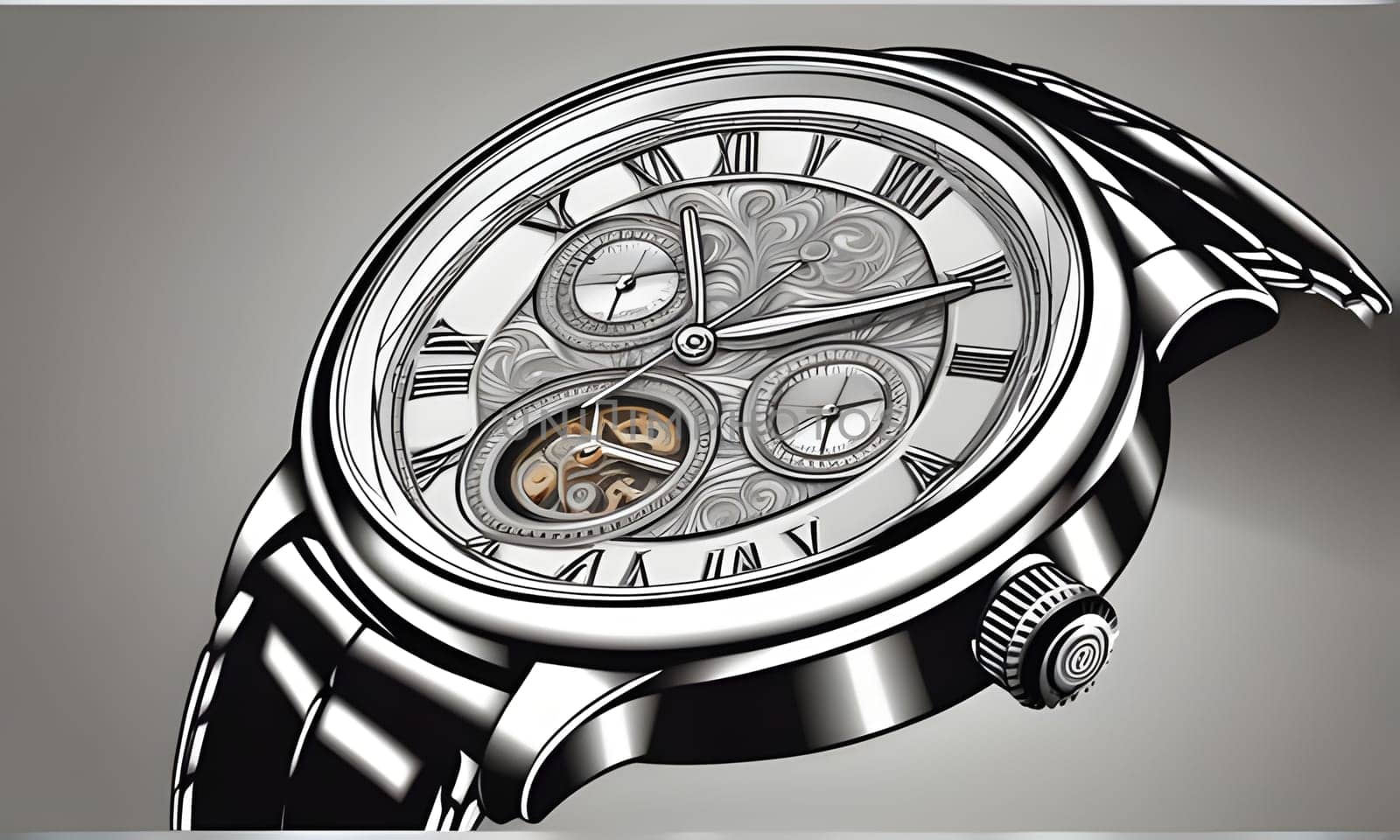 A silver wristwatch with a round, polished case and a metal bracelet is shown, angled to display the intricate details of the watch face. The watch features Roman numerals, a chronograph, and an automatic movement visible through the open heart design.