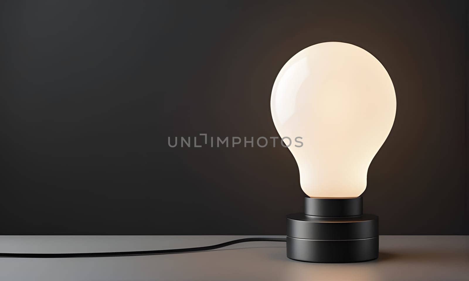A large, white, light bulb table lamp with a black base sits on a grey surface. The light bulb is illuminated, casting a warm glow. A black cord connects the lamp to an unseen power source.
