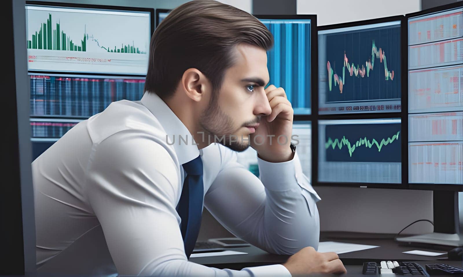 A young man in a white dress shirt and blue tie sits at his desk, focused on multiple computer screens displaying stock market data. He has his hand to his chin, seemingly pondering the information on the screens.