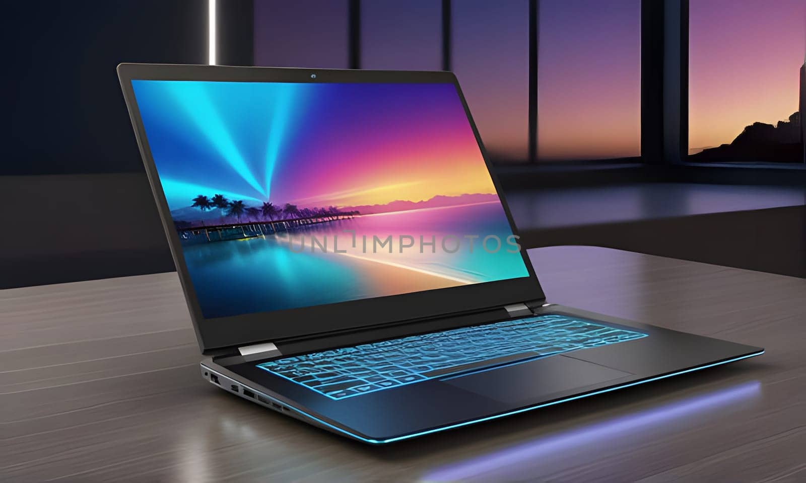 A black laptop sits open on a wooden desk, displaying a nighttime beach scene with palm trees and colorful lights reflecting on the water. The laptop's keyboard is backlit with a blue glow, and the desk is lit by a soft blue light.