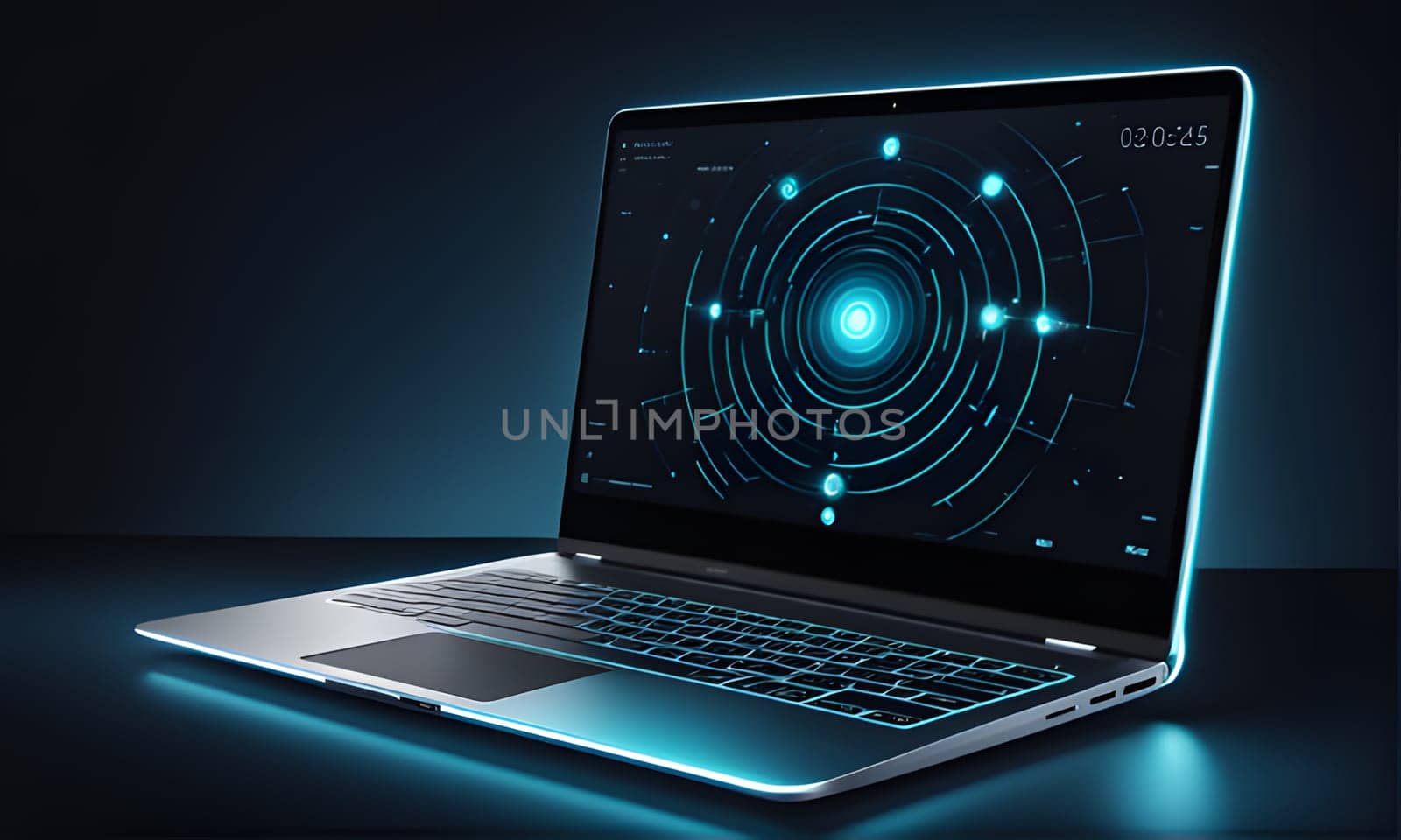 A silver laptop with a black keyboard sits on a black surface. The laptop screen is illuminated by a blue light, showcasing an abstract wallpaper with a blue circle design and a digital clock in the top right corner.
