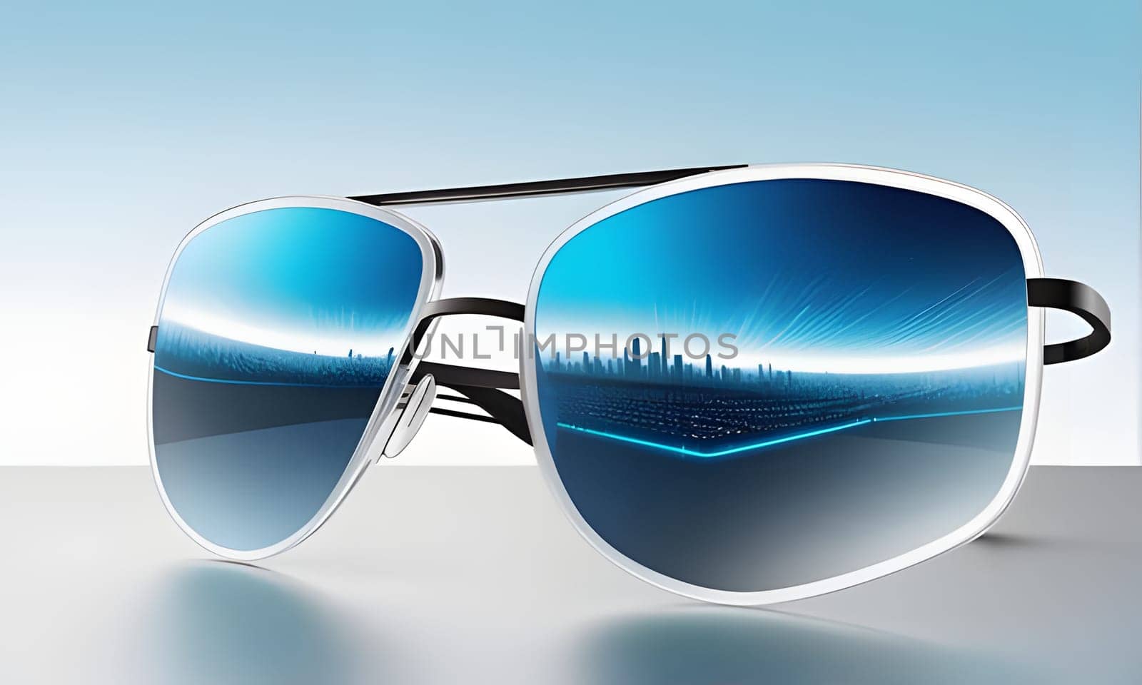 A pair of modern sunglasses rests on a white surface. The lenses reflect a blue sky and a cityscape with a futuristic digital overlay. The sleek, silver and black frames enhance the stylish design of the glasses.