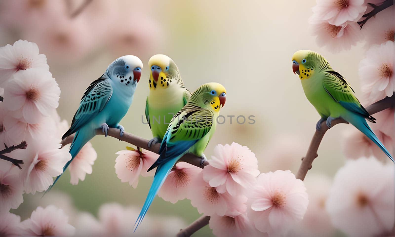 Four budgerigars, each with unique color combinations, perch on the branches of a cherry blossom tree. The vibrant pink blossoms surround the birds, creating a beautiful contrast of colors.