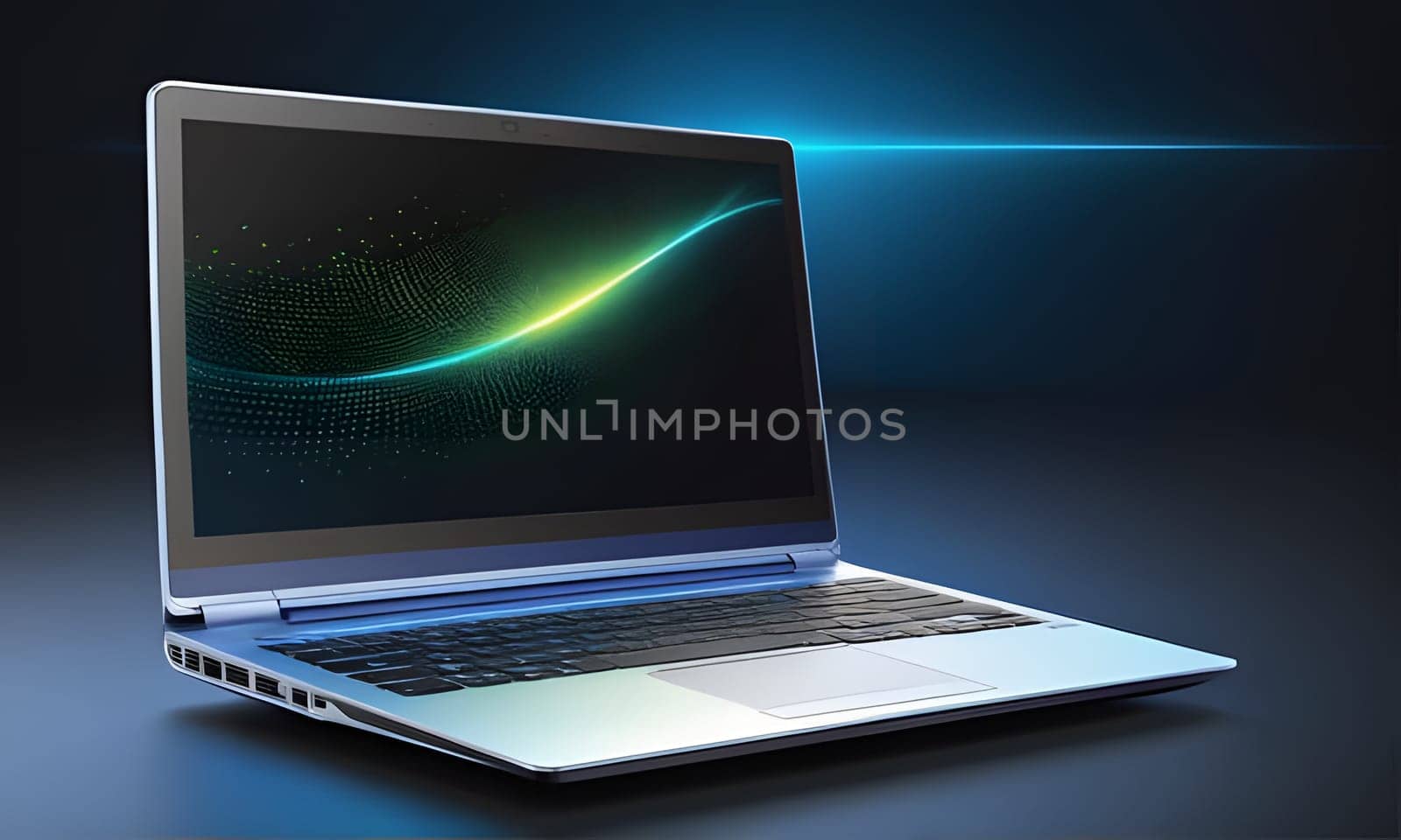 A silver laptop sits on a dark blue surface. The laptop is open and the screen displays a blue and green light abstract design with a curved line. A bright blue light shines from behind and above the laptop.