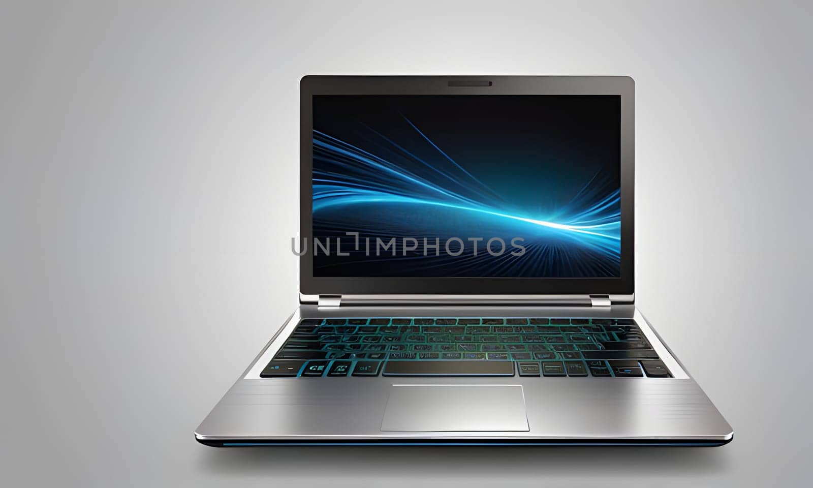 A silver laptop with a black screen displaying a blue abstract digital design sits on a gray surface. The keyboard is visible beneath the screen.