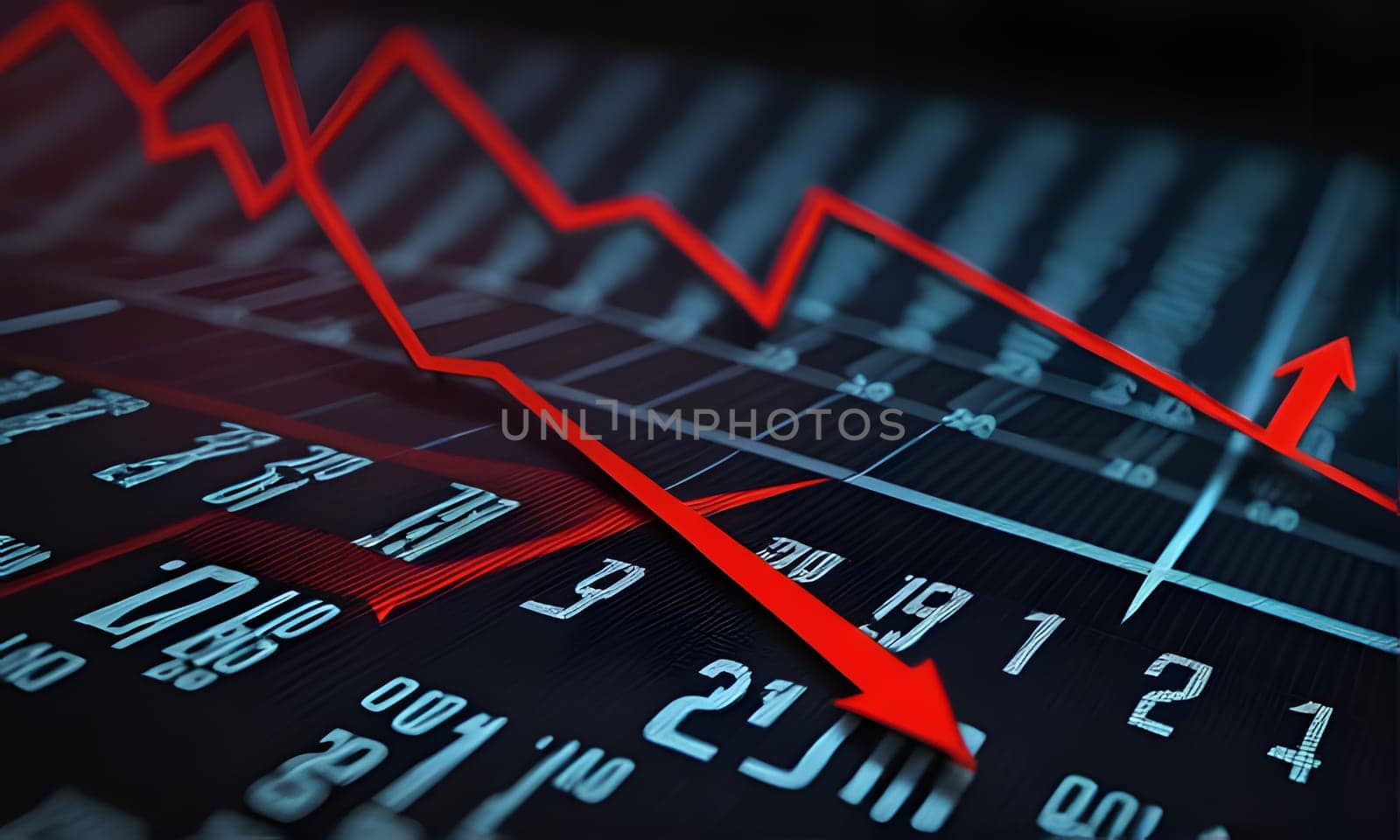 A close-up image of a computer screen displaying a red line graph moving downwards, illustrating a stock market decline. The graph is set against a grid of light blue numbers representing a financial chart.