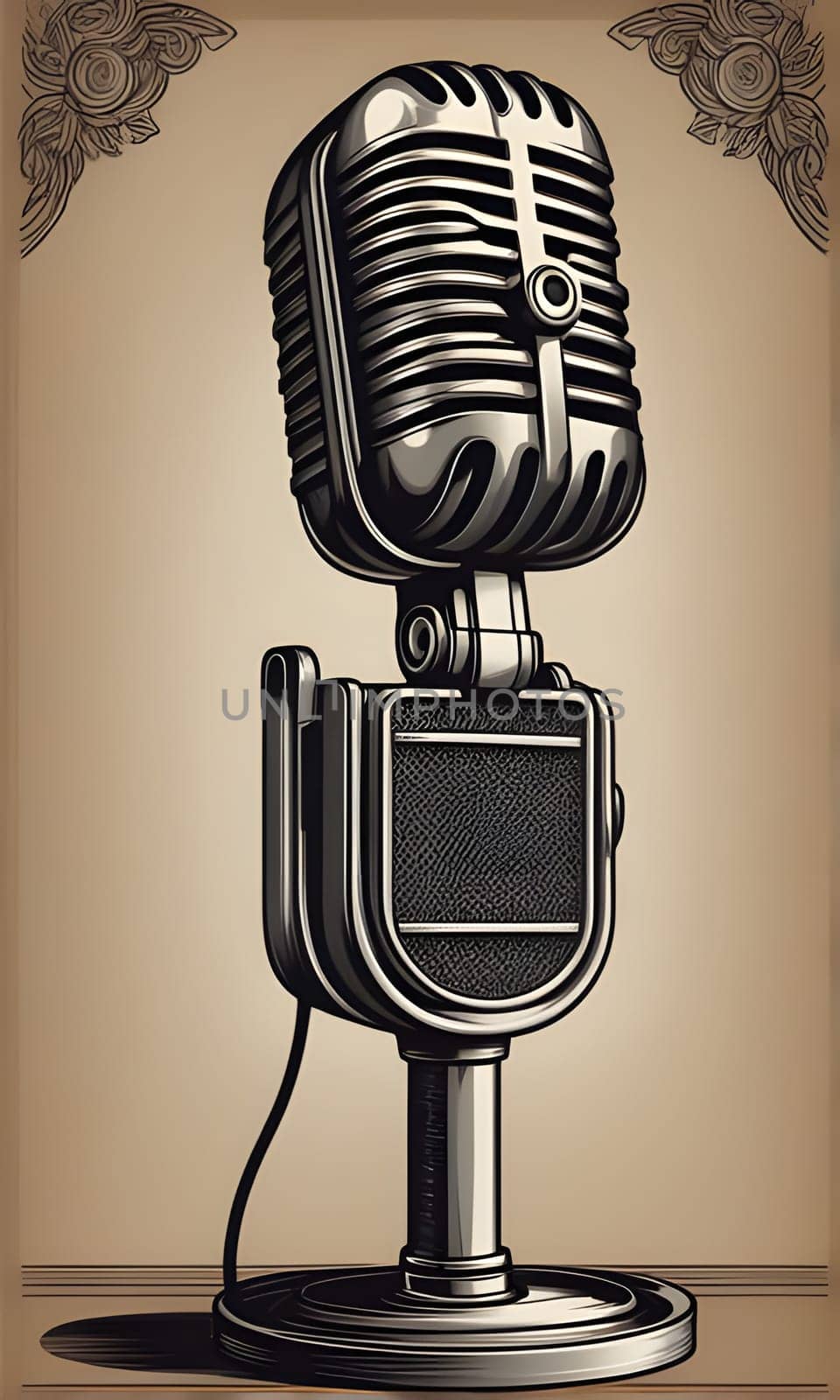 A vintage, silver microphone with a black grille is shown on a brown background. The microphone is on a stand with a circular base, and it is connected to a wire. The illustration features decorative elements in the corners.