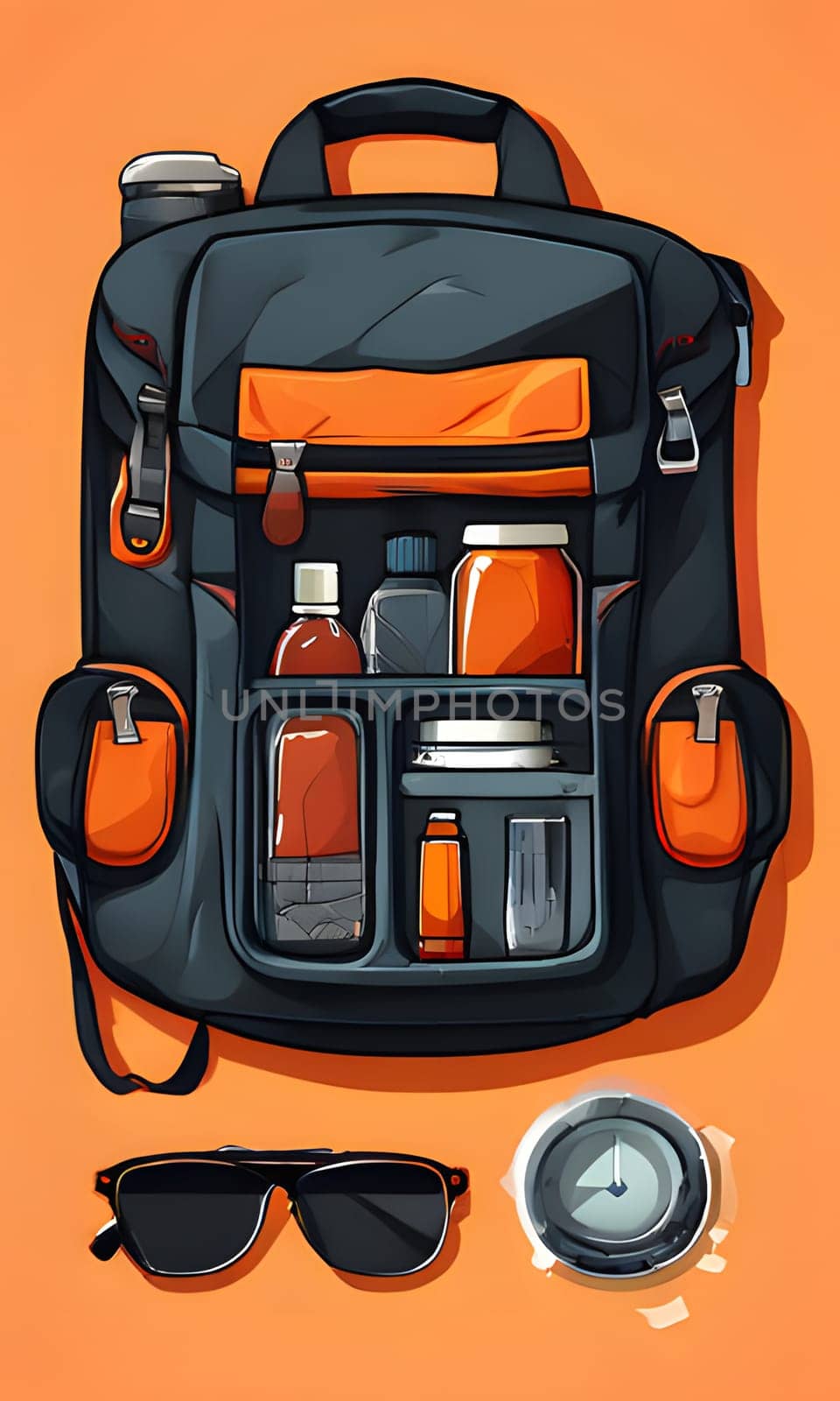 An illustrated backpack is laid out on an orange background, unzipped to show its organized interior, with several items packed inside including bottles, containers, and a small case. Sunglasses and a compass are also laid out on the table, suggesting a travel or adventure theme.