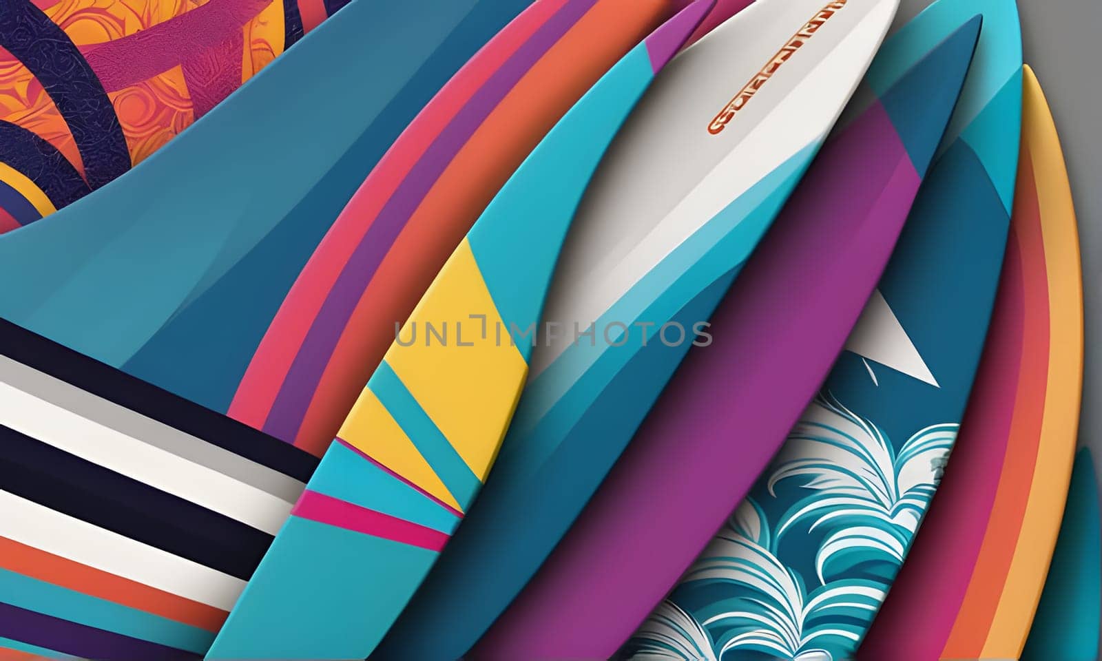 A close-up shot of the colorful designs on various surfboards. The boards are stacked on top of each other, revealing a variety of patterns, including stripes, geometric shapes, and floral motifs.
