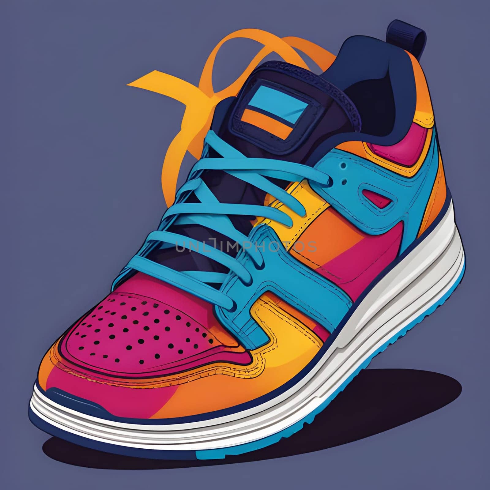 A bright, colorful athletic sneaker with blue laces and an orange detail is shown in a digital illustration. The sneaker is set against a deep blue background and features a multi-colored design.