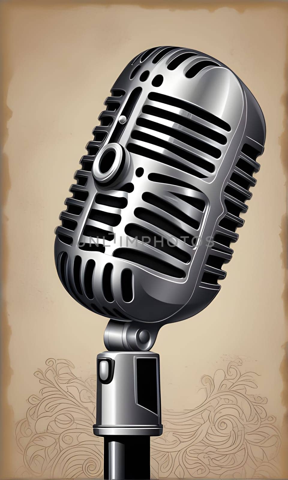 An old-fashioned silver microphone is shown on a tan, textured background. The microphone is positioned at a slight angle, and its grill is visible in detail. The background features intricate, floral designs.