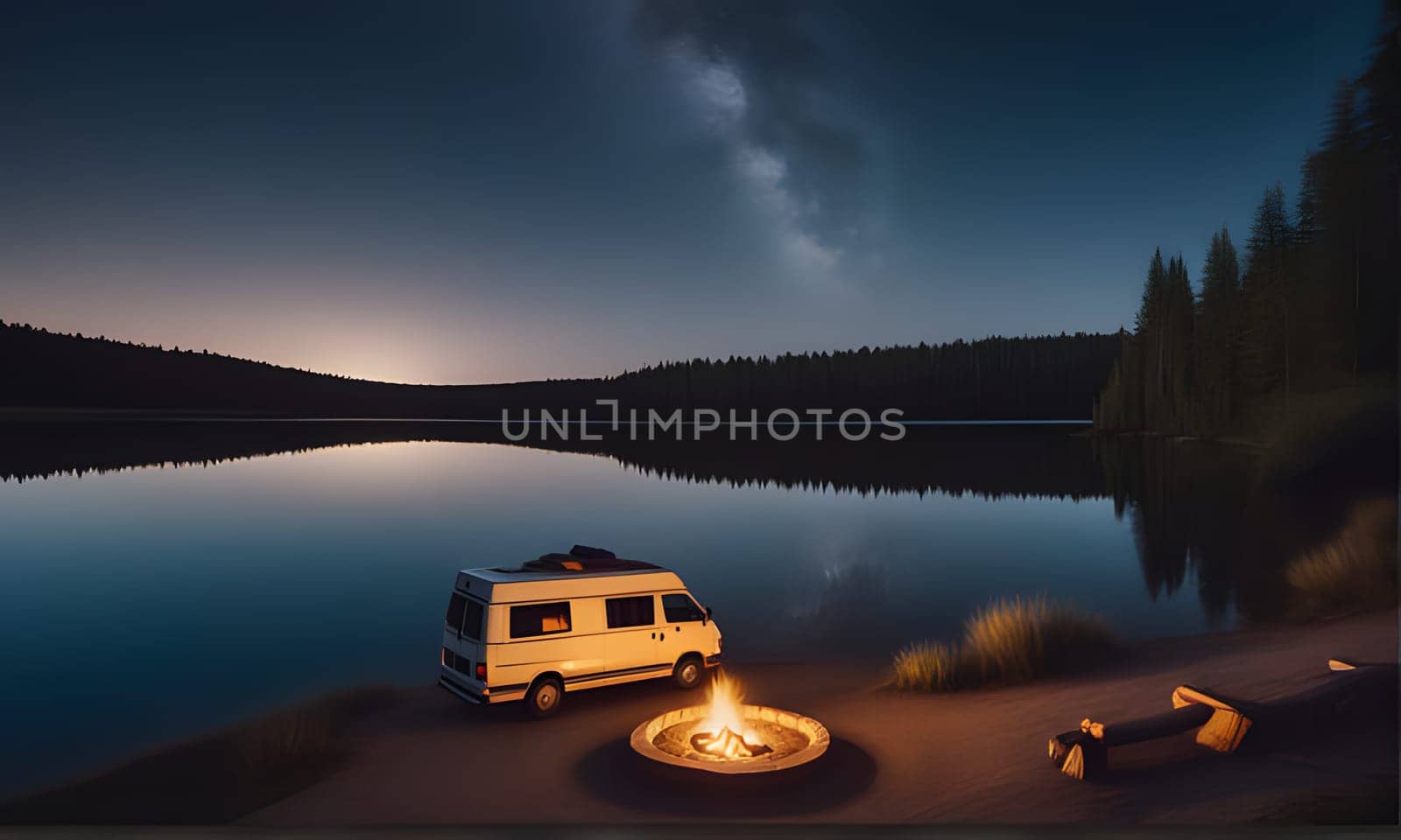 A white camper van is parked near a still lake under a starry night sky. A small campfire burns in front of the van, casting a warm glow on the shore. The Milky Way stretches across the sky, adding to the scenic beauty of the scene.