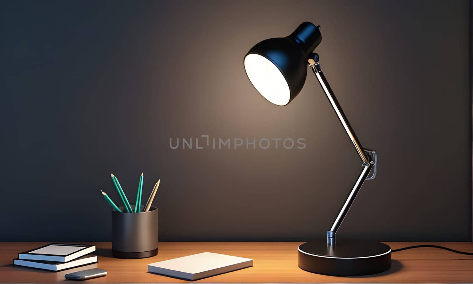 A black desk lamp with a chrome arm sits on a wooden desk, its bright light illuminating a space with a pencil holder, notebooks, and a white notepad.