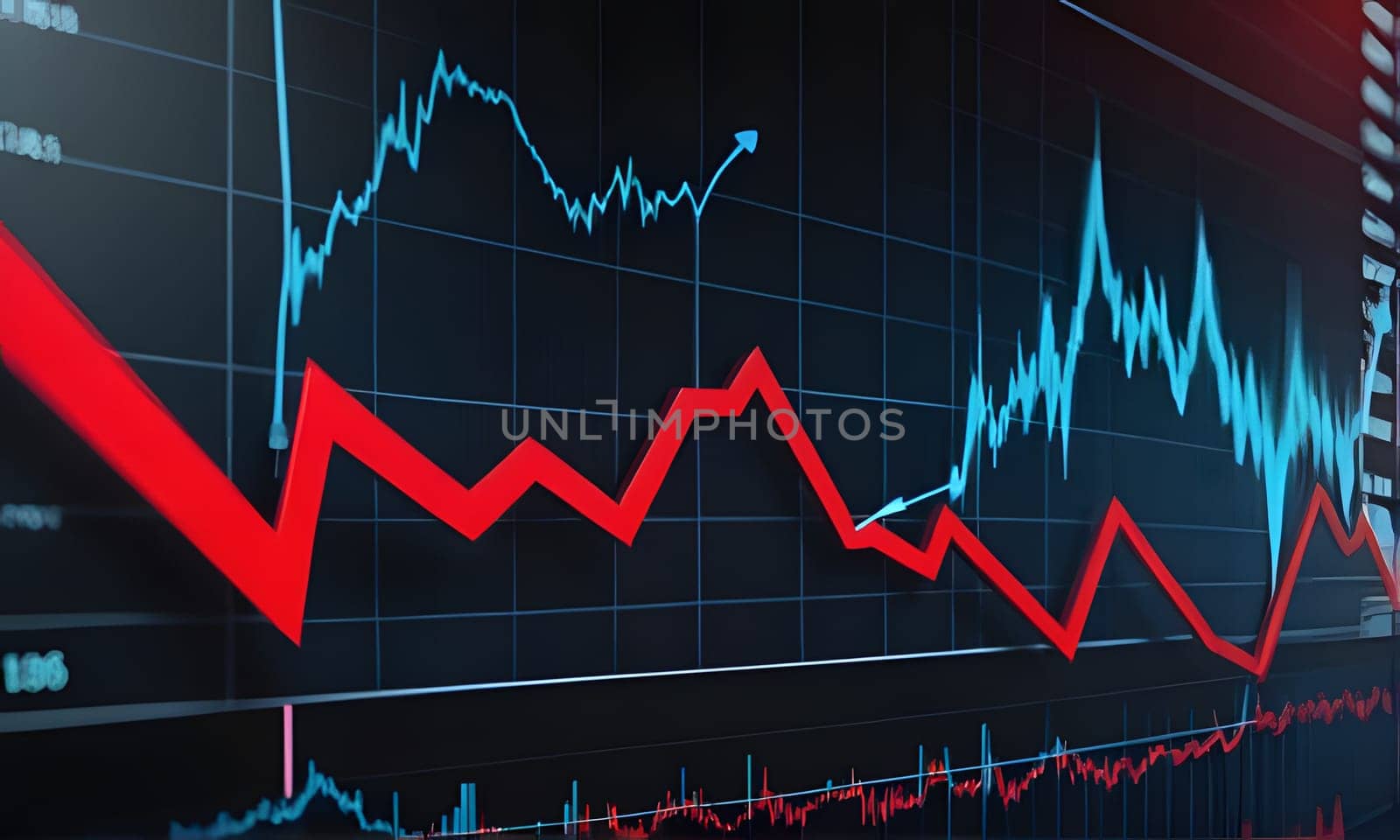 A red line on a stock market graph is shown on a computer screen. The red line is trending downward, while a blue line is trending upward.