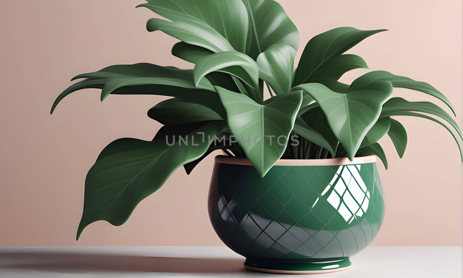 A vibrant green plant with large, glossy leaves sits in a green ceramic pot with a geometric pattern. The pot has a subtle beige rim and stands on a white surface against a backdrop of a pale pink wall.
