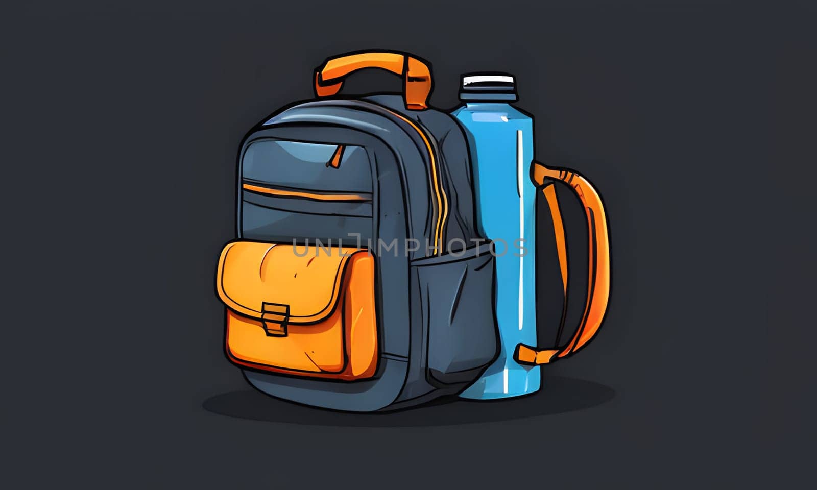 A cartoon illustration of a blue backpack with an orange front pocket and an orange zipper pull. A blue water bottle is positioned to the right of the backpack. The background is white.