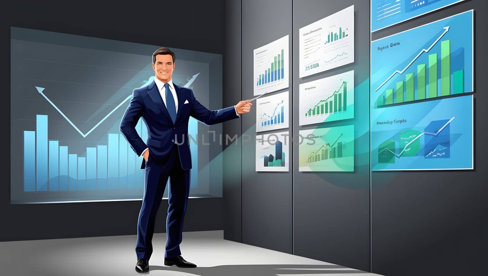 A businessman in a suit is standing in a modern office, pointing at a wall display of financial charts. The charts are all showing positive growth trends, with upward arrows and rising bars. The businessman looks confident and successful.
