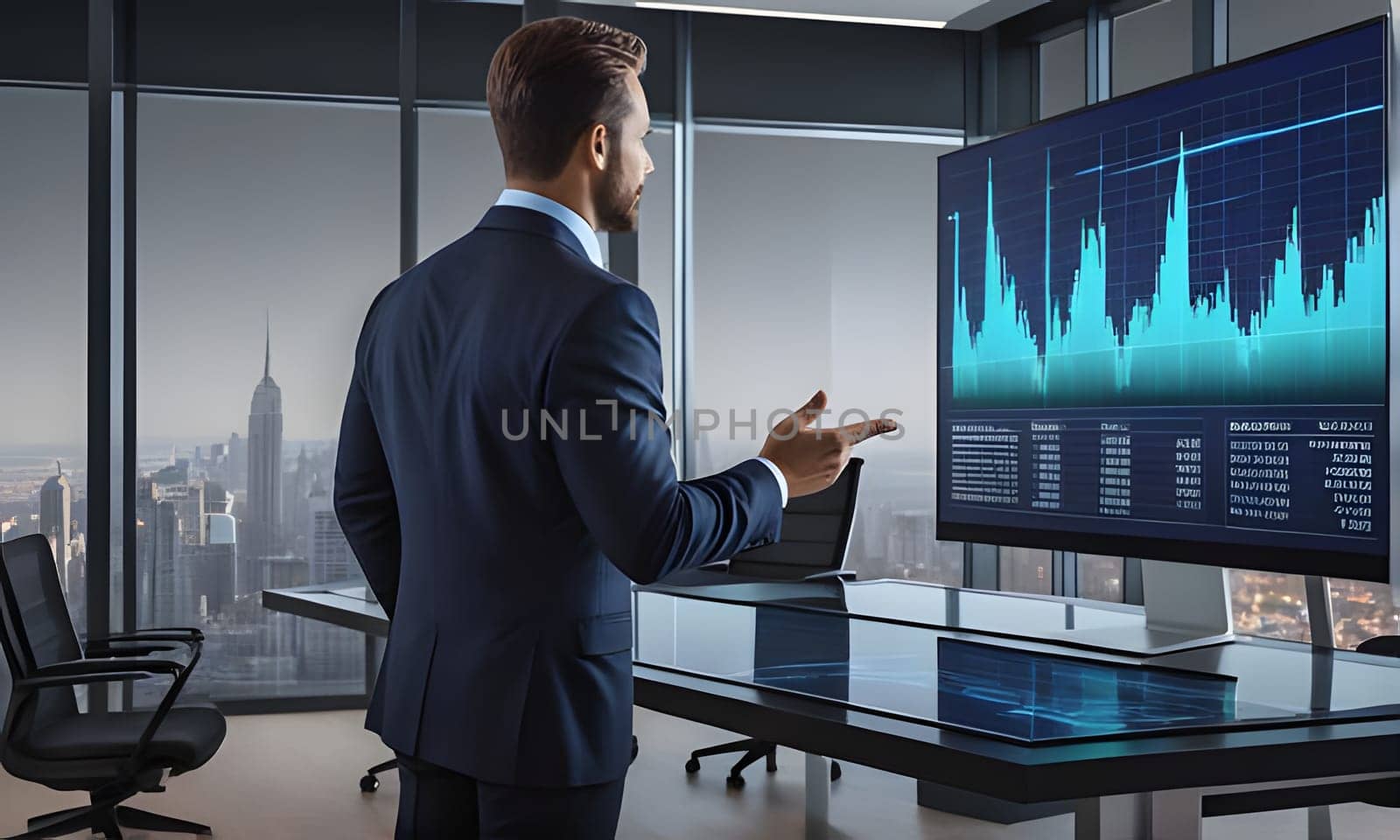 A businessman in a suit is standing in a modern office, pointing at a large screen displaying financial data. He is facing a large window with a city skyline visible in the background. The office is sleek and professional, with a large glass table and comfortable chairs.