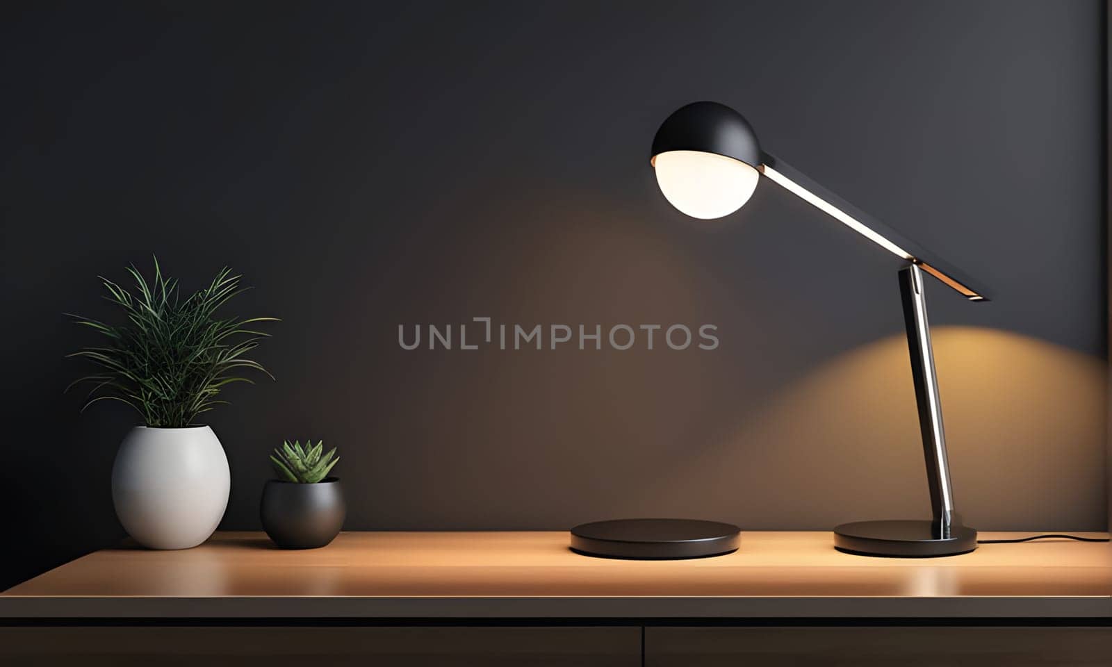 A modern black desk lamp with a white bulb casts a warm glow on a wooden tabletop. Two small plants, one in a white pot and the other in a black pot, sit on the table in front of the lamp.