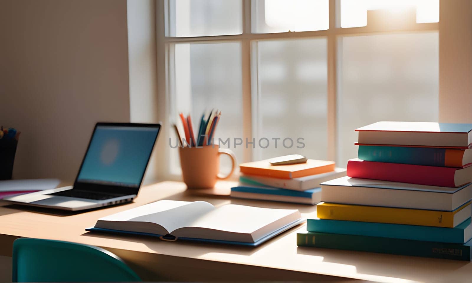 A wooden desk sits near a window with sunlight streaming through. An open book lies on the desk, along with a closed laptop, a stack of books, and a cup of pencils.