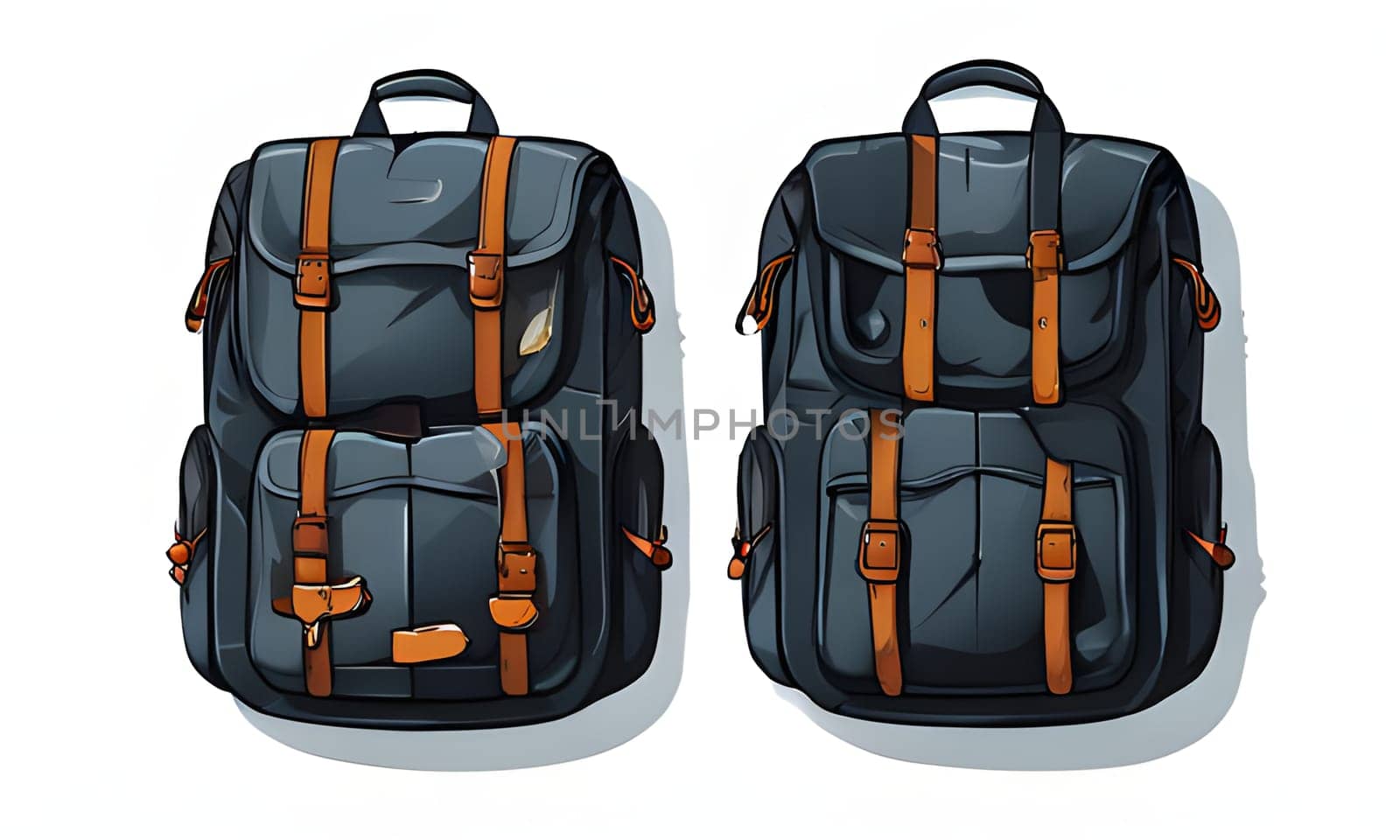 A digital illustration of two identical black backpacks with orange straps, buckles, and accents. Both backpacks are facing forward with zippers visible on the sides. The left backpack is slightly tilted toward the viewer, and the right backpack is straight on.