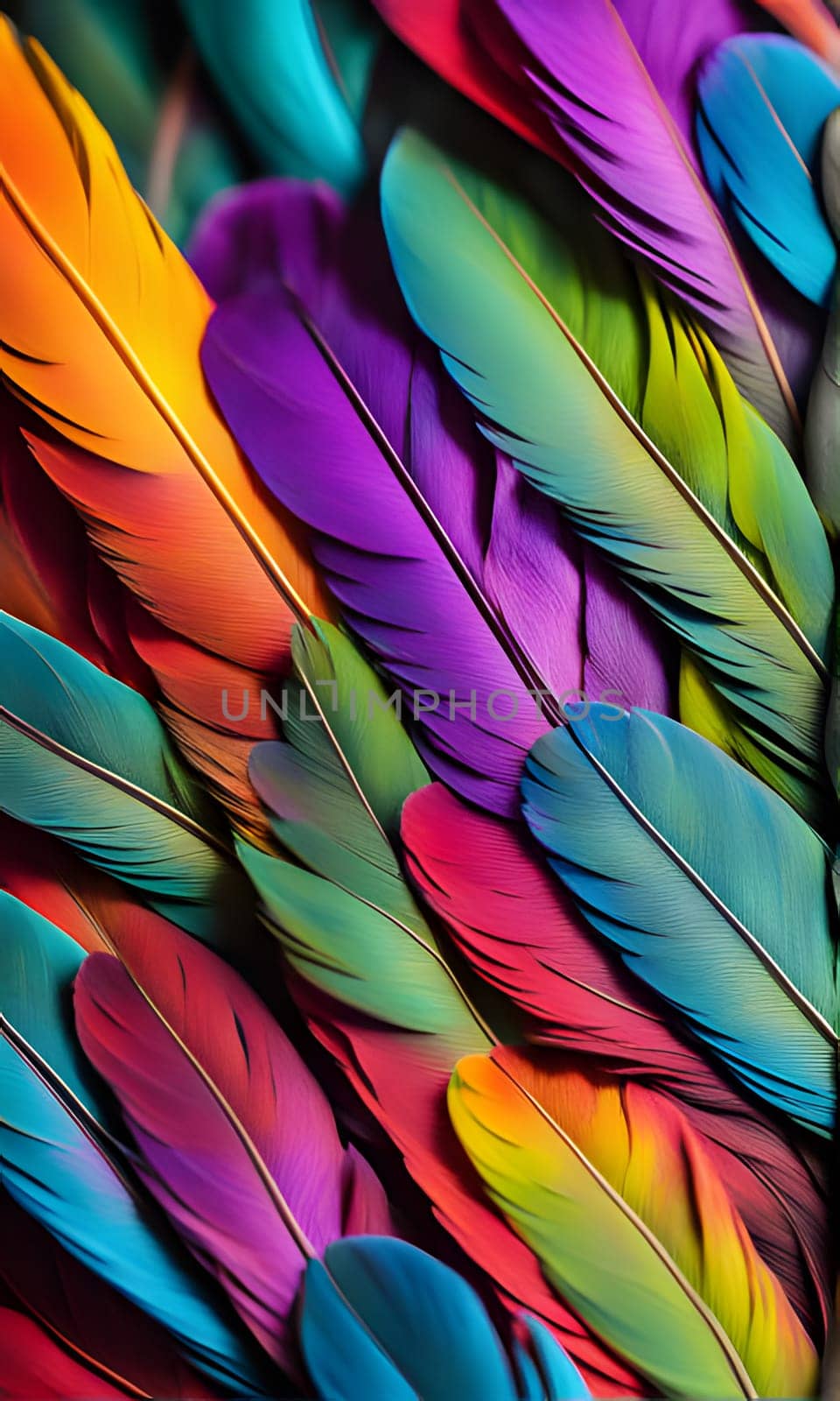 A close-up photograph of a vibrant assortment of bird feathers in various shades of blue, green, red, purple, and yellow. The feathers are arranged in a pattern, highlighting the rich colors and textures of the plumage.