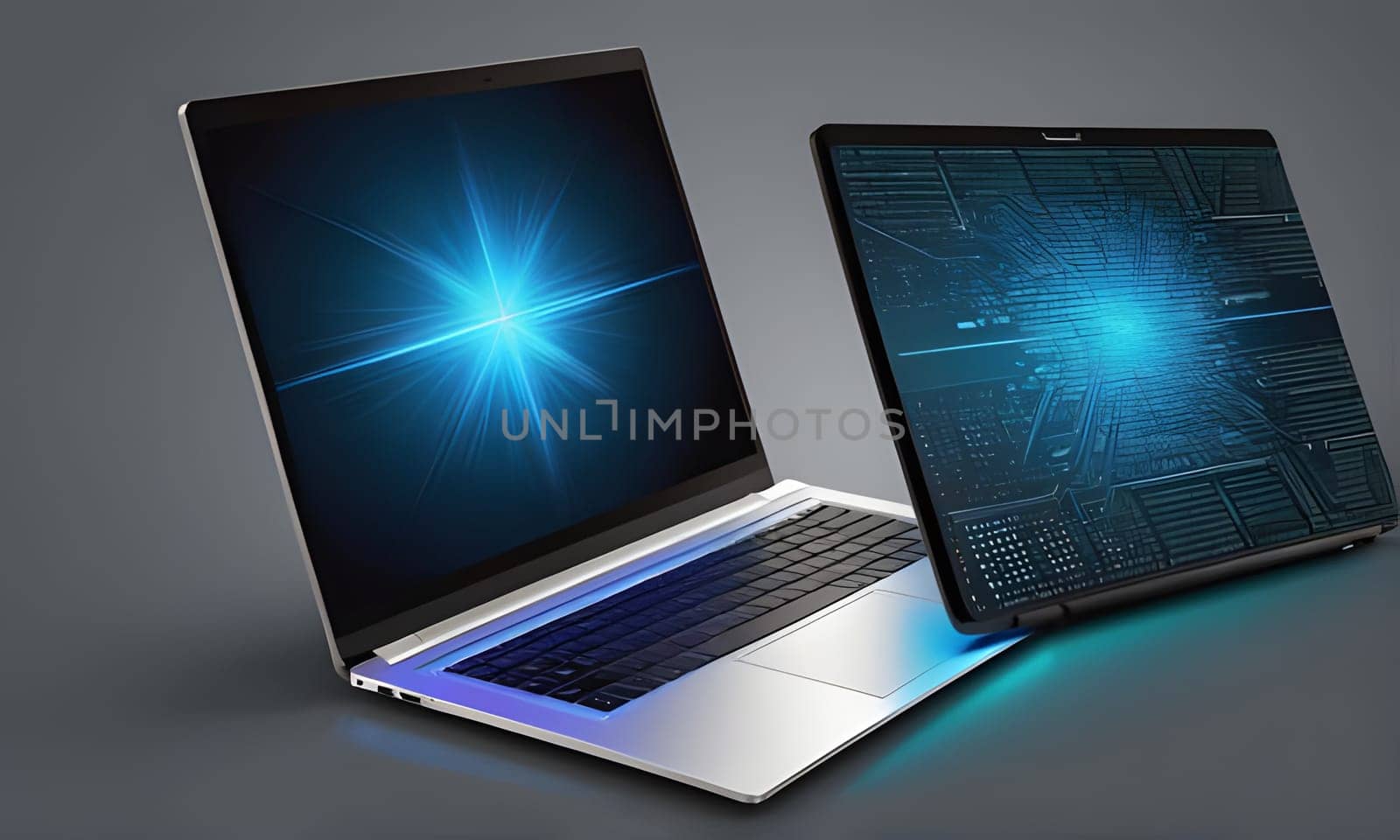 The image shows two silver laptops with blue lights shining under them. The left laptop has a blue abstract design on its screen with a light blue glowing center while the right laptop has a dark blue circuit board pattern on its screen with a bright blue glowing center. The laptops are on a gray surface.