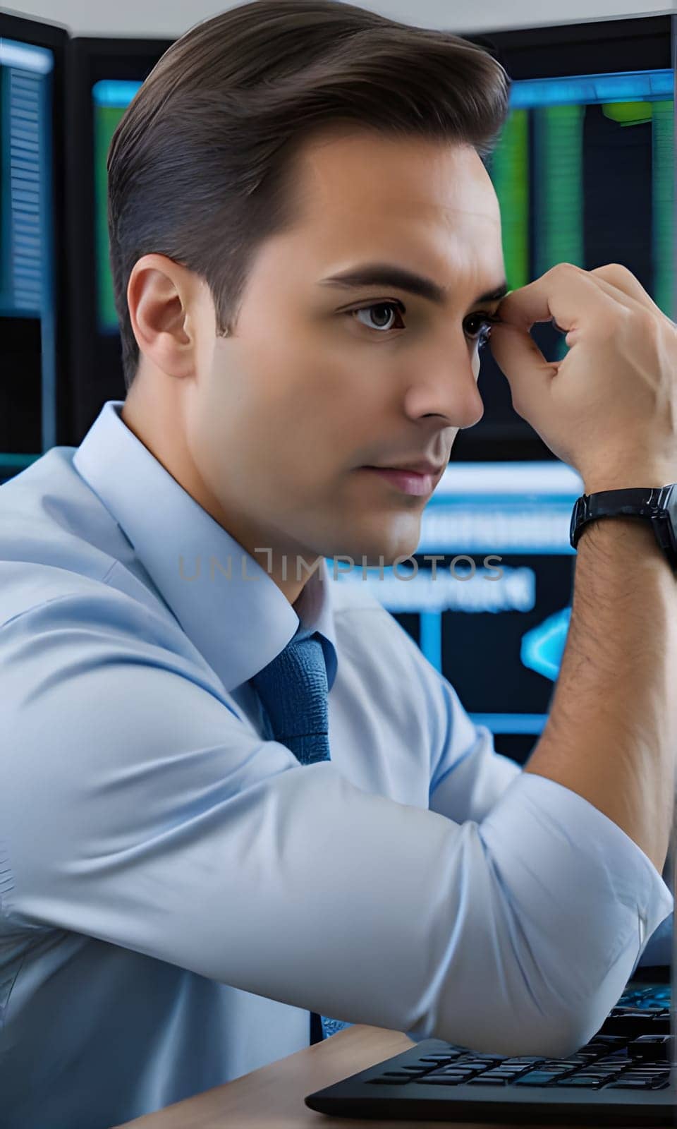 A man in a light blue dress shirt and tie sits at a desk, working on a computer. He has his hand on his forehead, focusing intently on the computer screen, which shows a large data display. The man's concentration is clear as he works on his task.