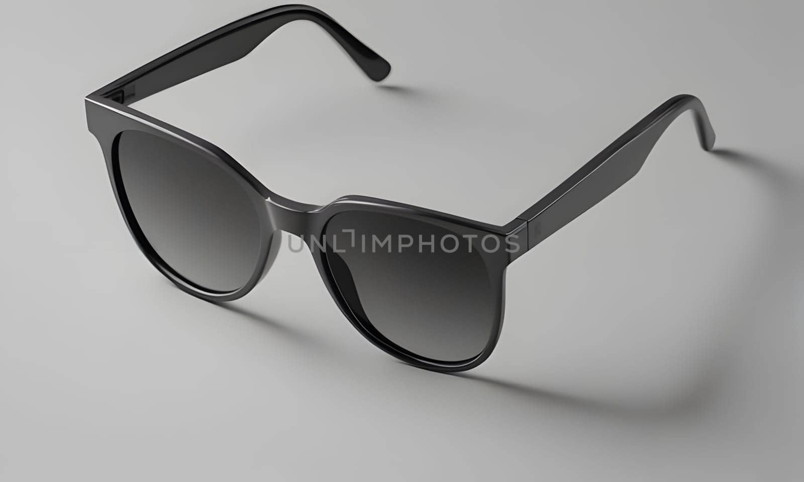 A pair of black sunglasses with rounded frames and dark lenses are laying on a light grey surface. The sunglasses are positioned with the arms extending out to the sides. The lenses are reflecting a slight amount of light.