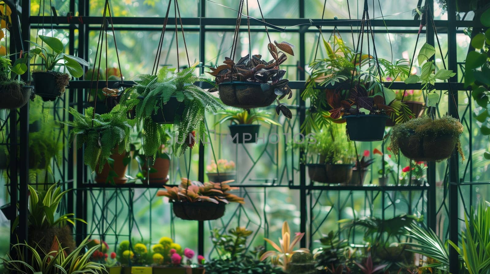 A collection of diverse hanging plants adds vertical interest and lush greenery to any space.