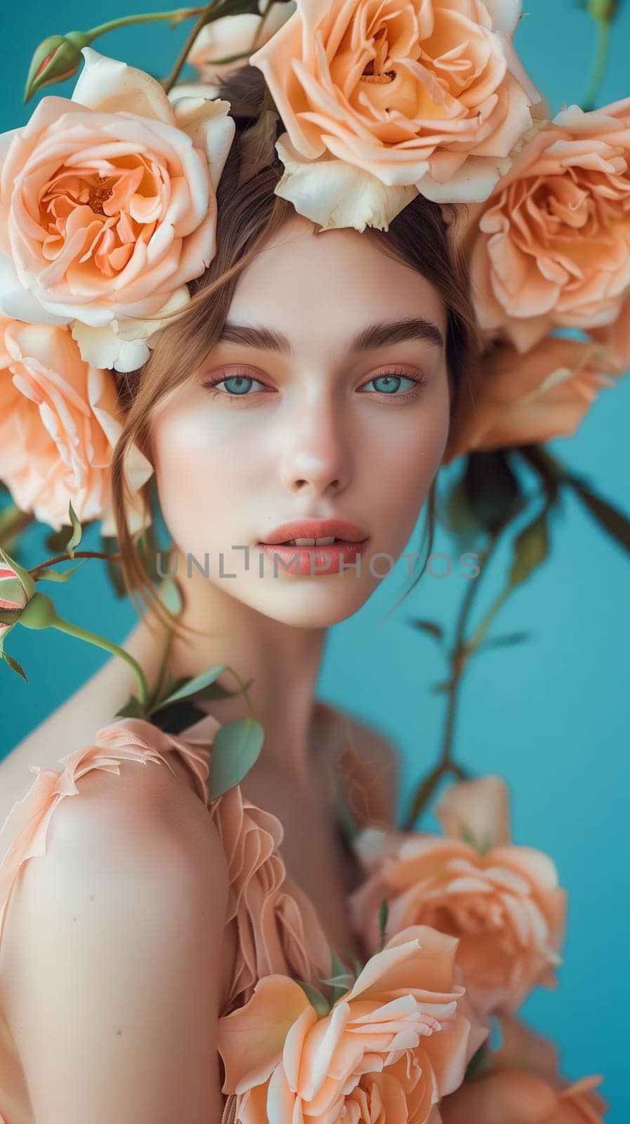 Elegant model in a dress crafted from real roses poses against a colorful backdrop, showcasing a youthful yet sophisticated fashion statement.