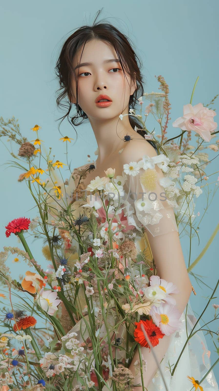 Elegant model showcases a dress made of real flowers, striking a pose against a soft pastel backdrop for a youthful, trendy fashion statement.
