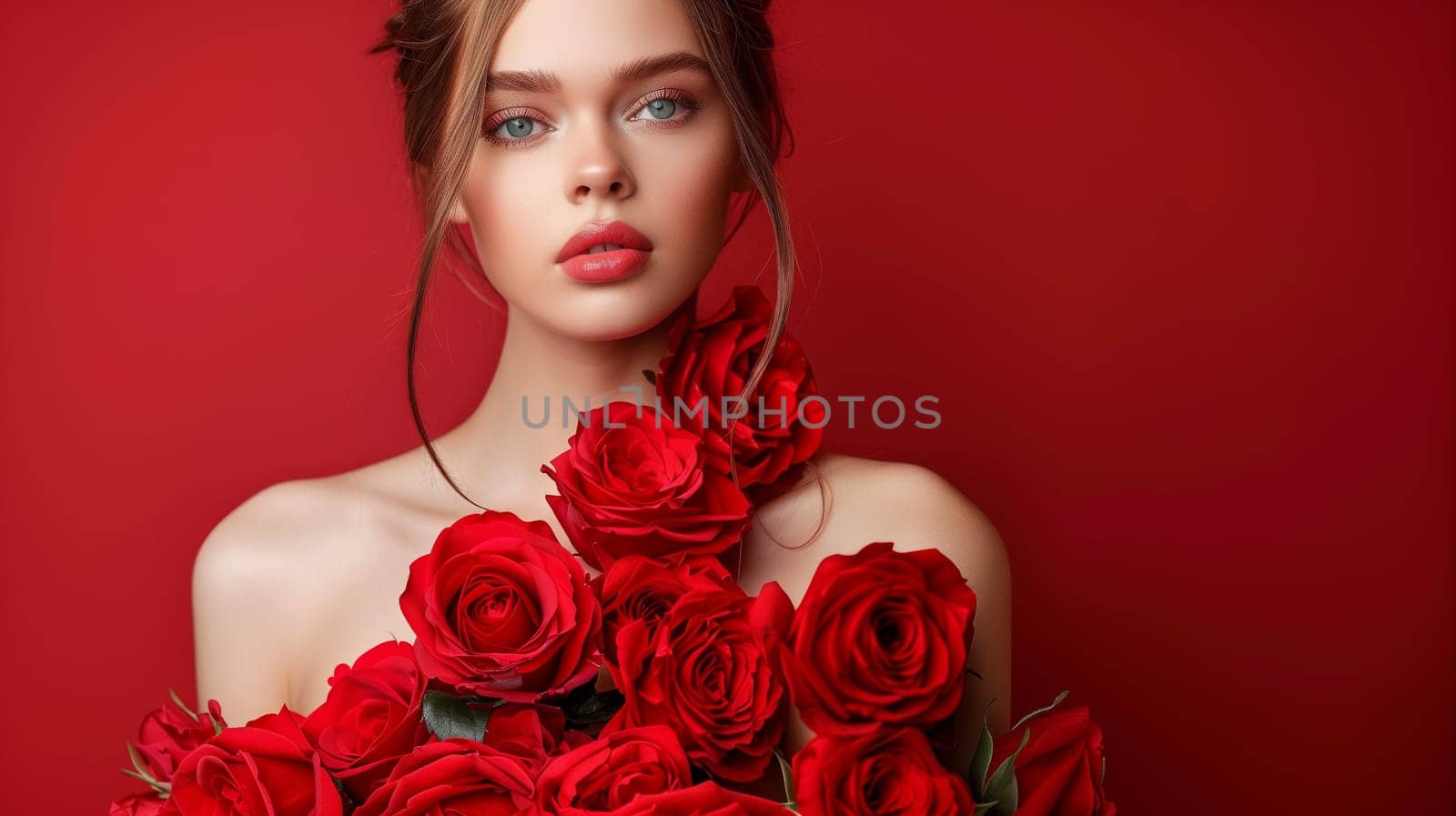 Elegant model showcases a unique fashion look, donning a dress made from natural red roses, set against a vibrant background.