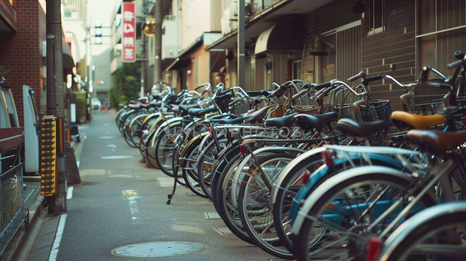 Queue of neatly parked bicycles.