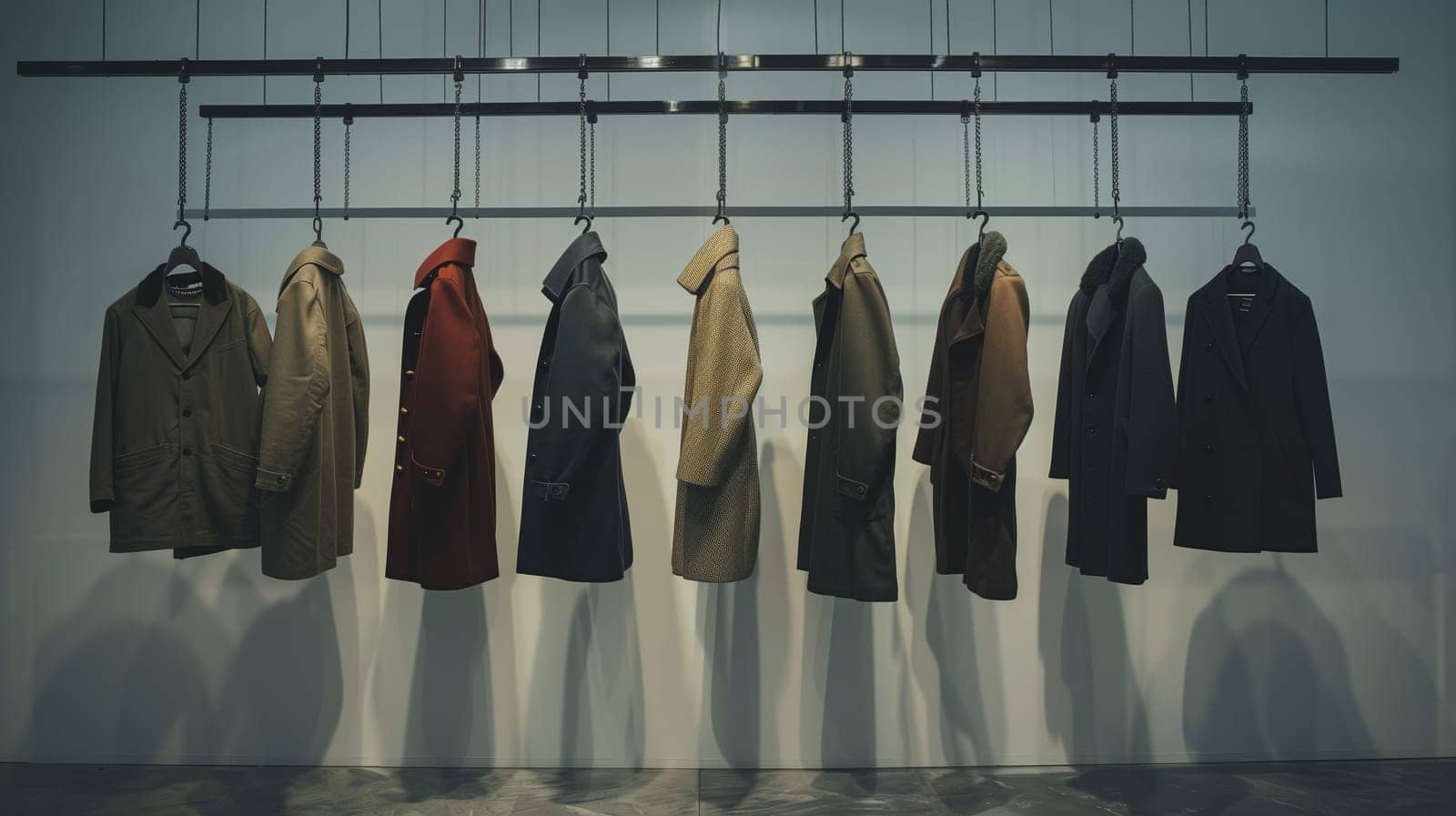 An array of coats artfully hangs in a neat row, each one telling its own unique story.